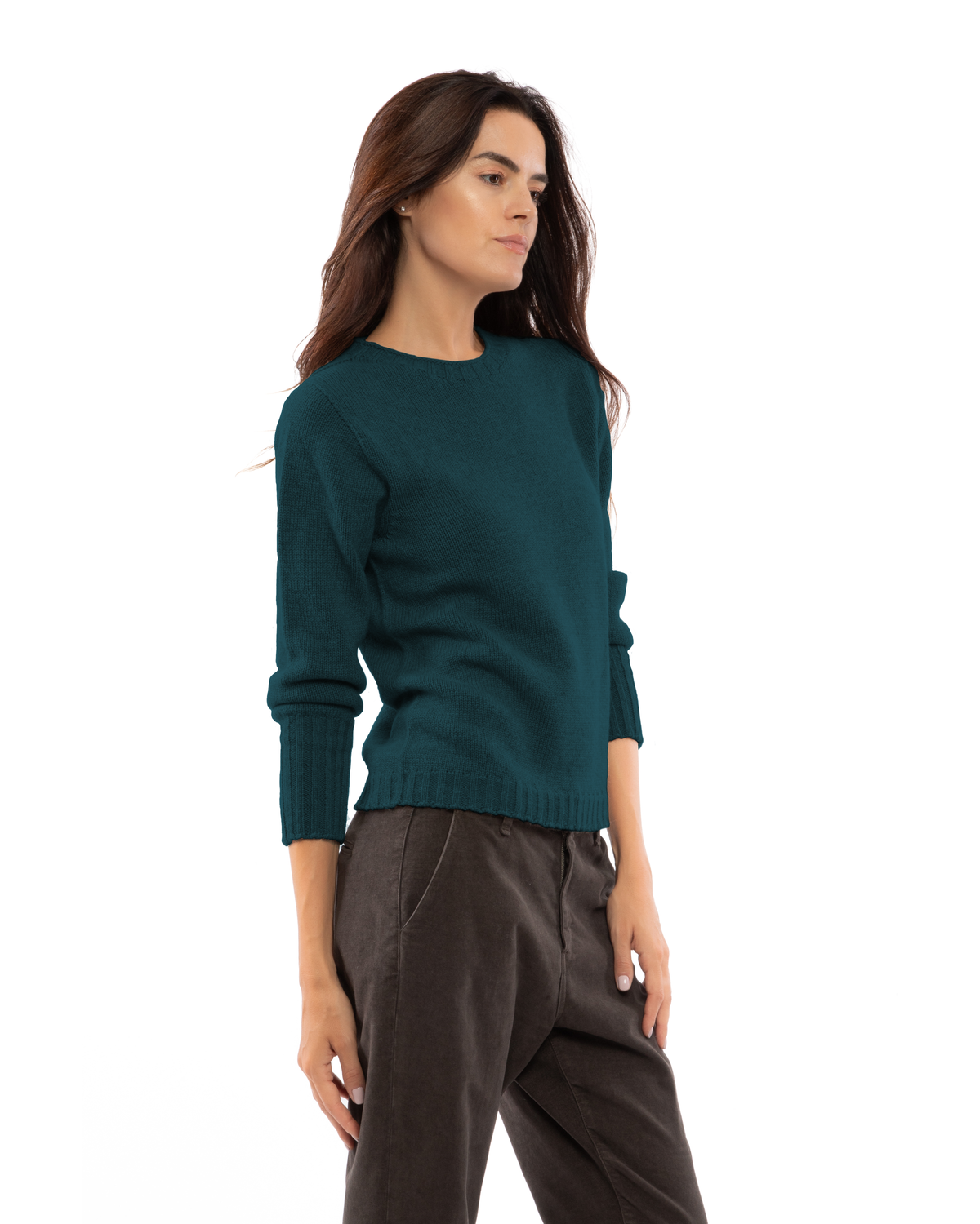 Women's Pure Cashmere Ribbed-Trim Crewneck Sweater Forest Green — view 3