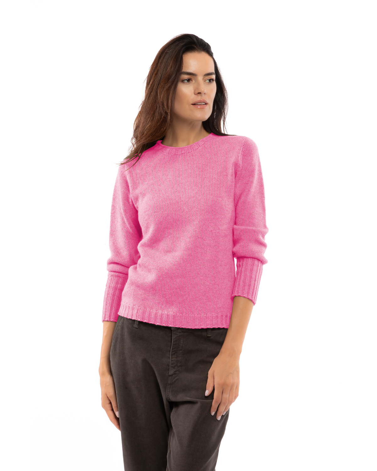 Women's Pure Cashmere Ribbed-Trim Crewneck Sweater Fuchsia — view 1