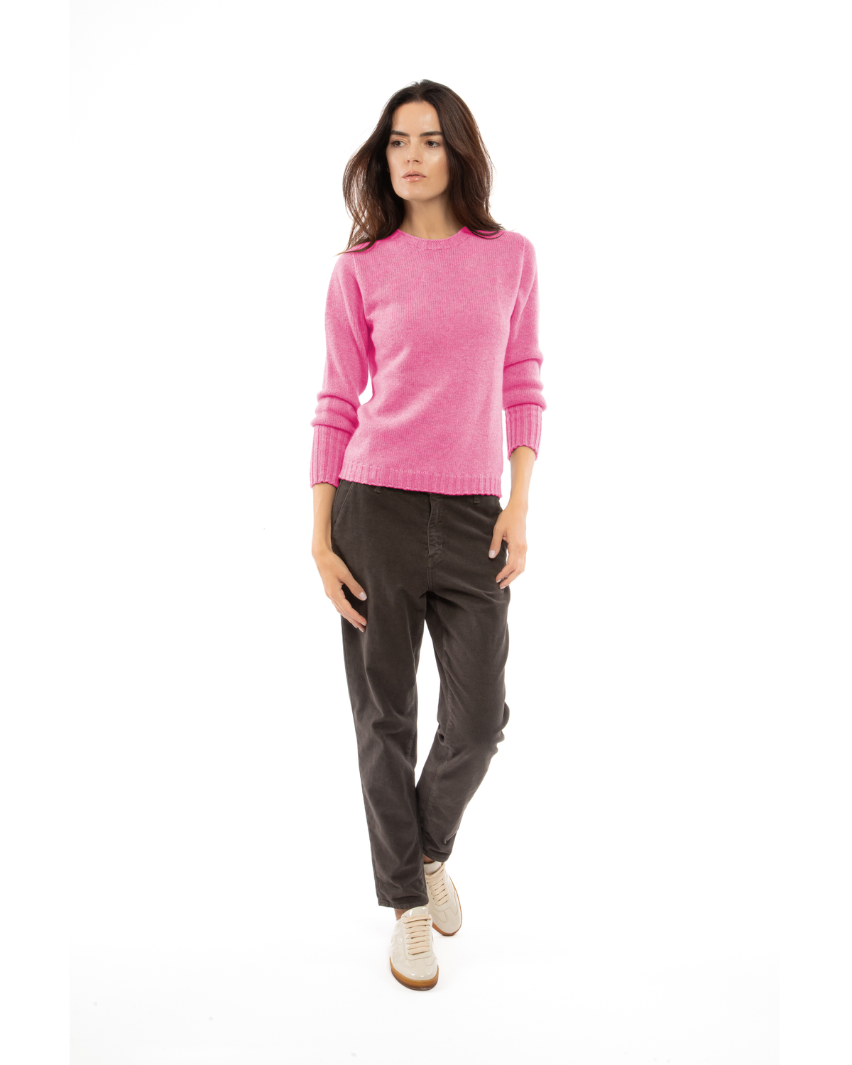 Women's Pure Cashmere Ribbed-Trim Crewneck Sweater Fuchsia — view 2