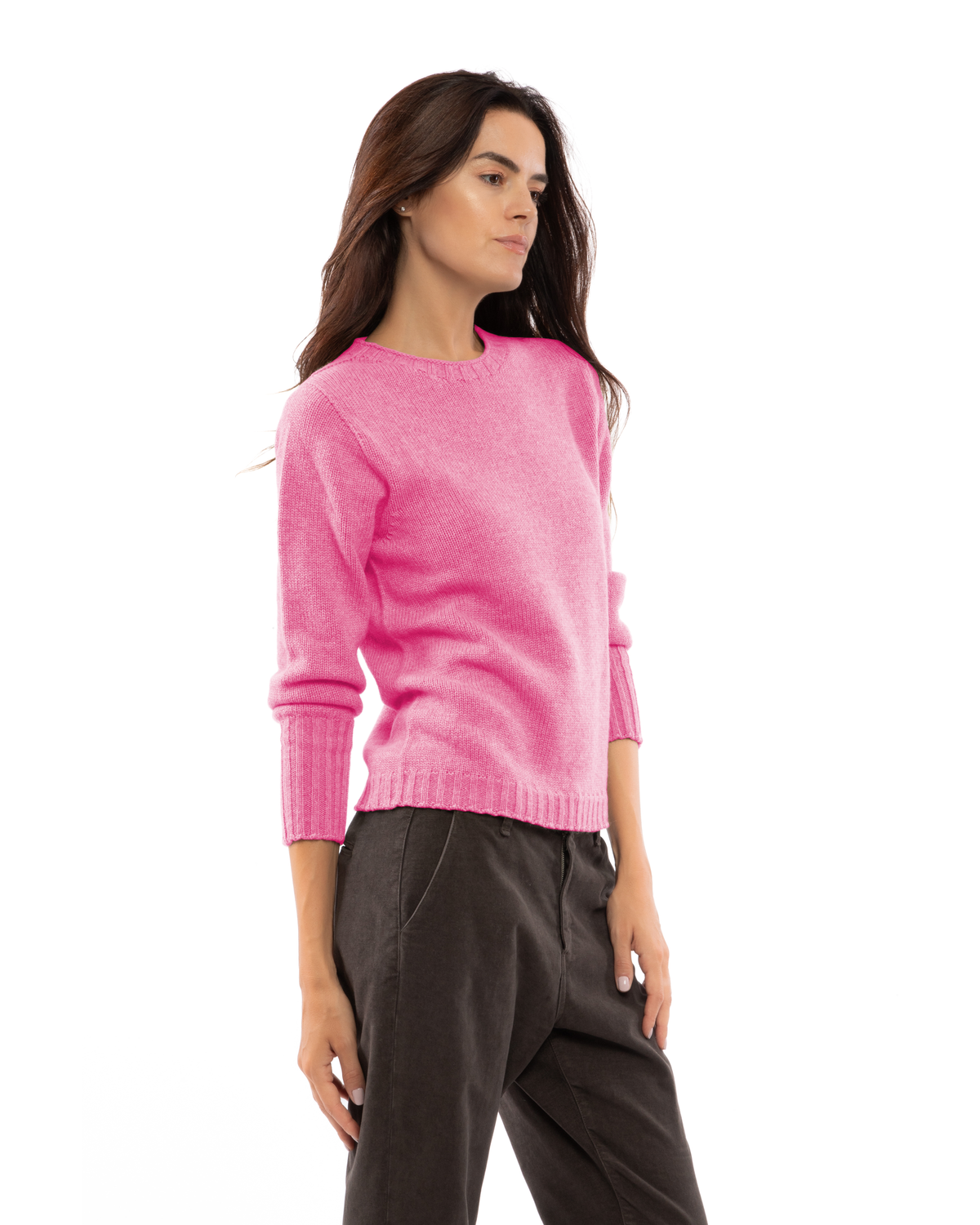 Women's Pure Cashmere Ribbed-Trim Crewneck Sweater Fuchsia — view 3