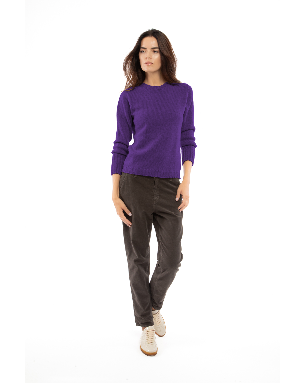 Women's Pure Cashmere Ribbed-Trim Crewneck Sweater Iris Purple — view 2