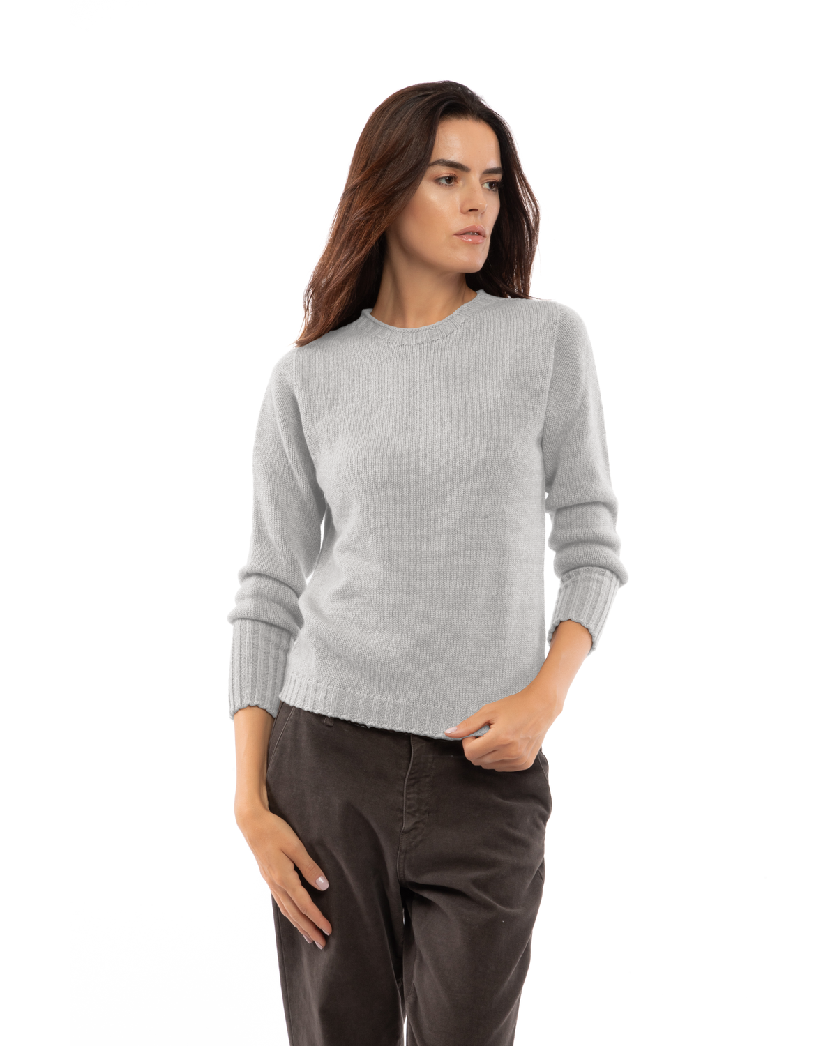Women's Pure Cashmere Ribbed-Trim Crewneck Sweater Light Gray — view 1