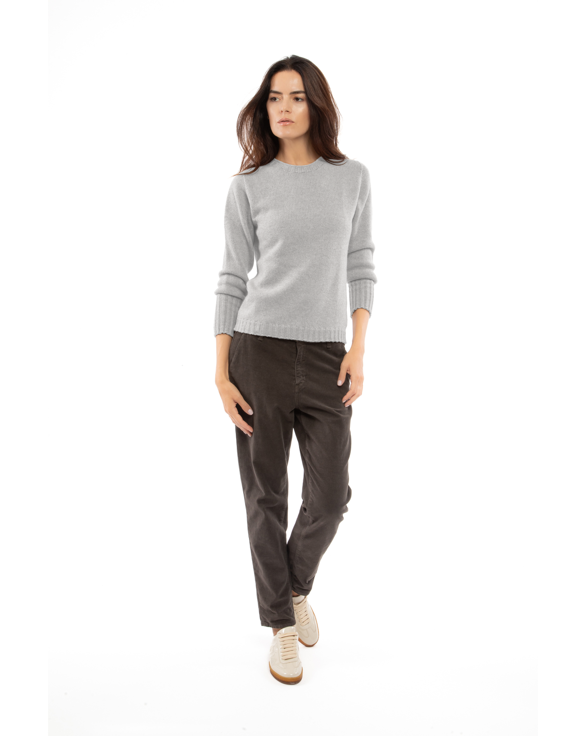 Women's Pure Cashmere Ribbed-Trim Crewneck Sweater Light Gray — view 2