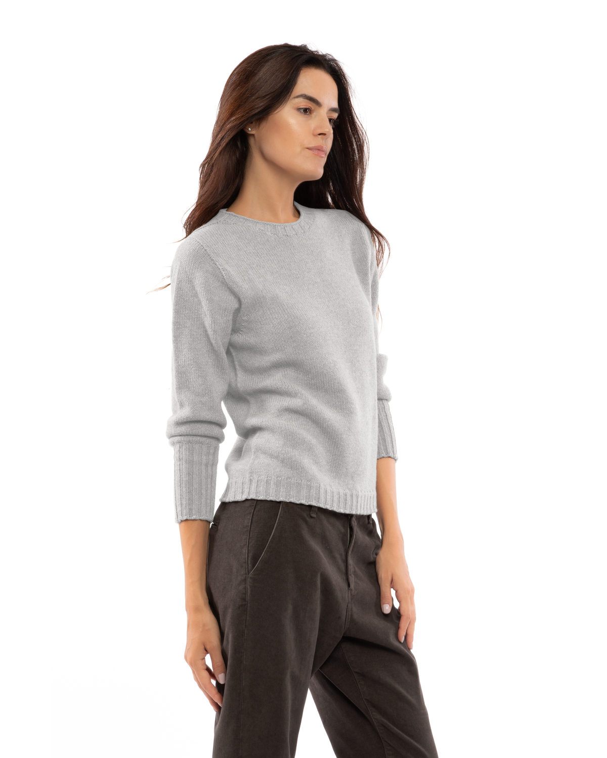 Women's Pure Cashmere Ribbed-Trim Crewneck Sweater Light Gray — view 3