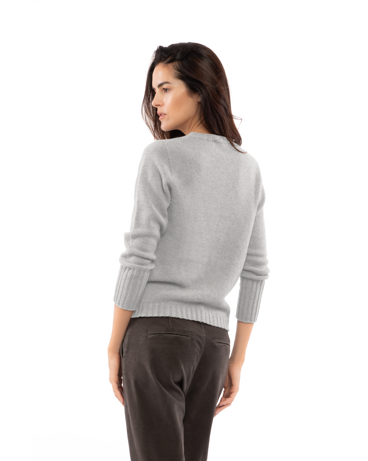 Women's Pure Cashmere Ribbed-Trim Crewneck Sweater Light Gray — view 4