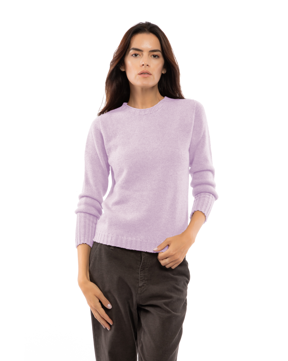 Women's Pure Cashmere Ribbed-Trim Crewneck Sweater Lilac — view 1