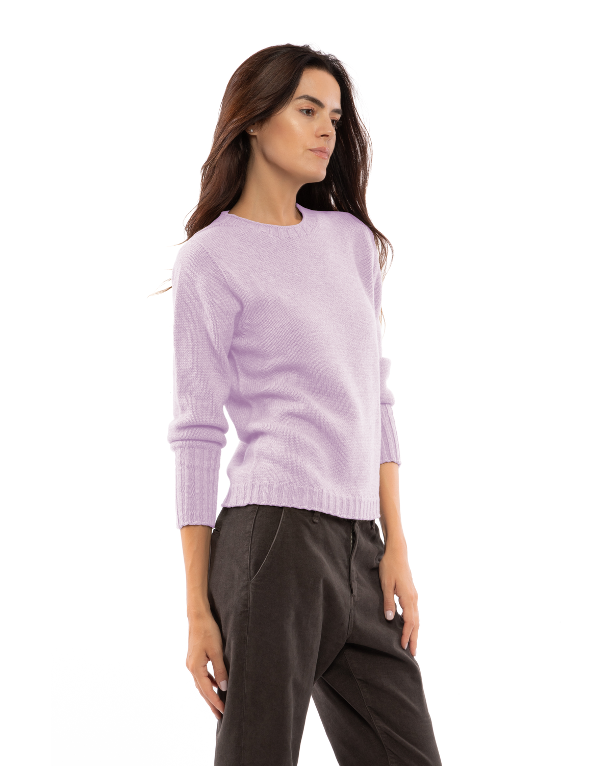 Women's Pure Cashmere Ribbed-Trim Crewneck Sweater Lilac — view 3