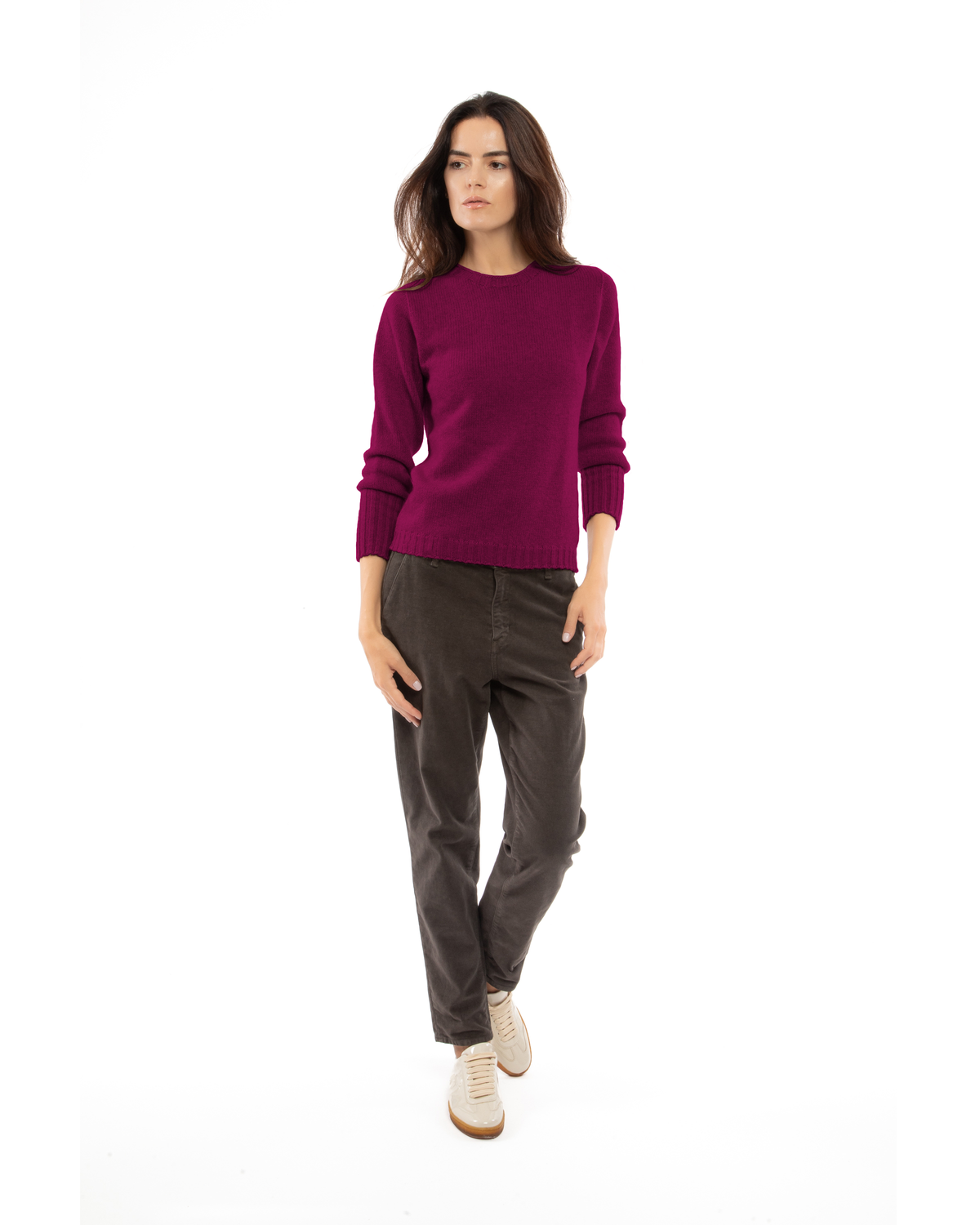 Model wearing the magenta cashmere crewneck sweater