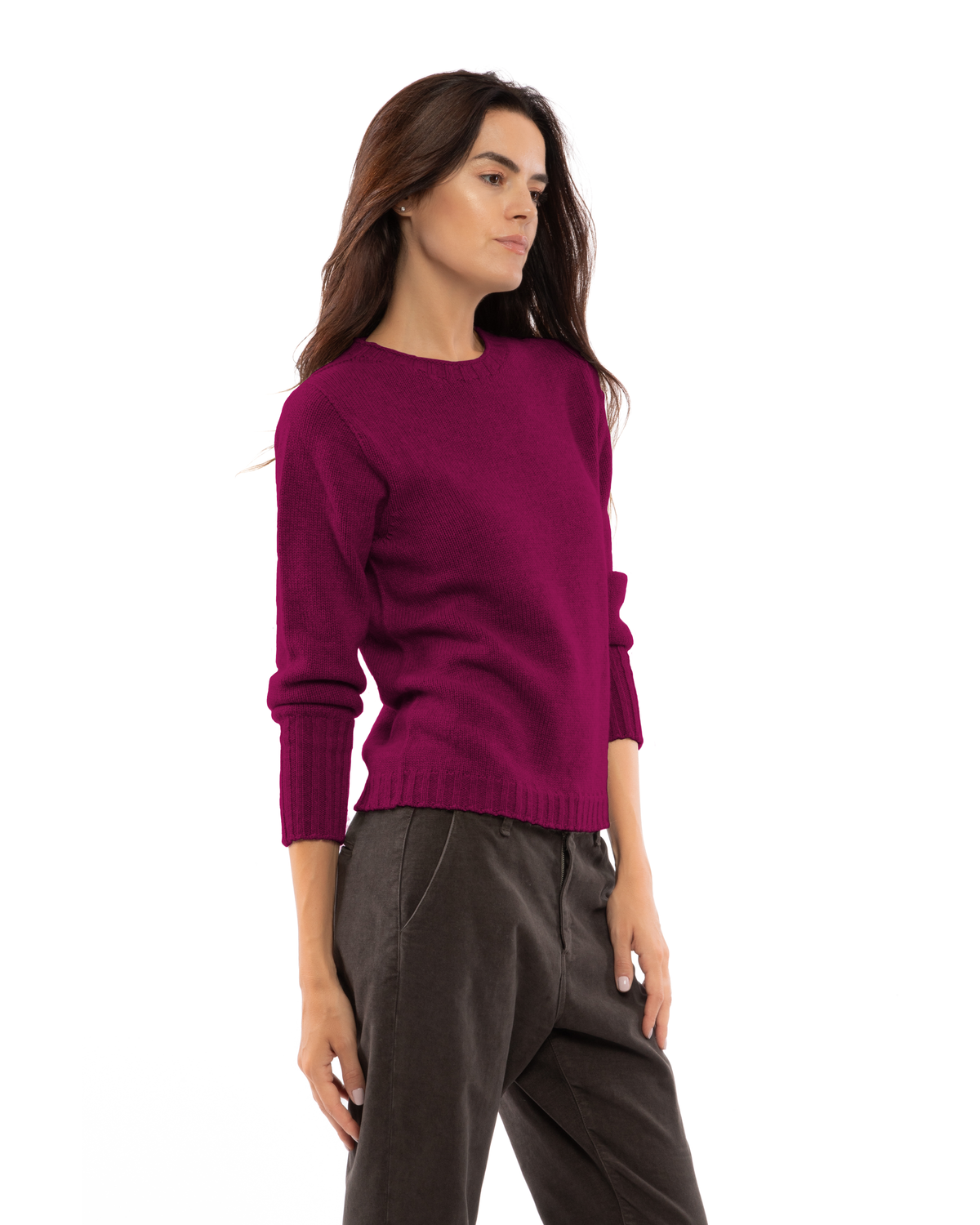 Magenta cashmere ribbed-trim crew-neck sweater, three-quarter view on a model