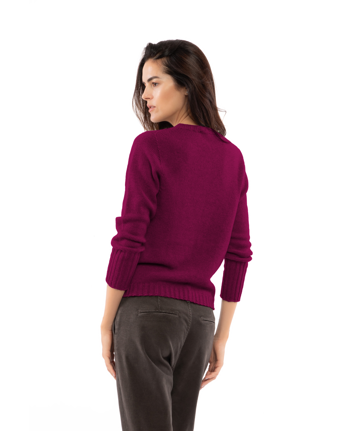 Magenta cashmere ribbed-trim crewneck sweater, back view on a model.