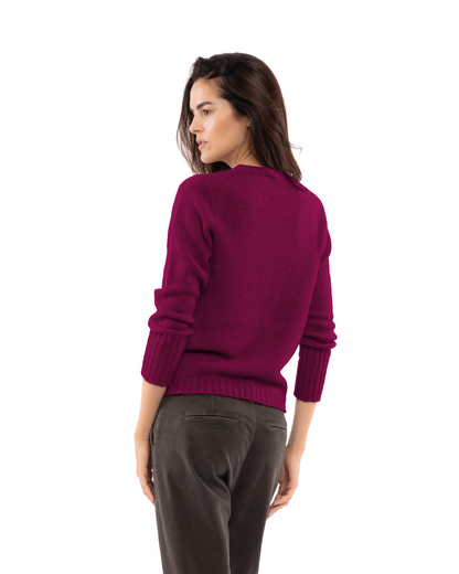 Magenta cashmere ribbed-trim crewneck sweater, back view on a model.