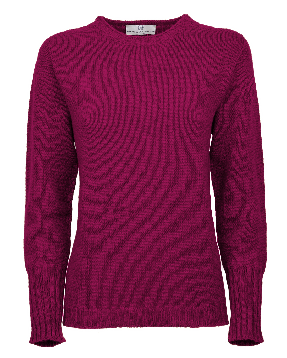 Magenta cashmere crewneck sweater with ribbed trim, shown from the front.