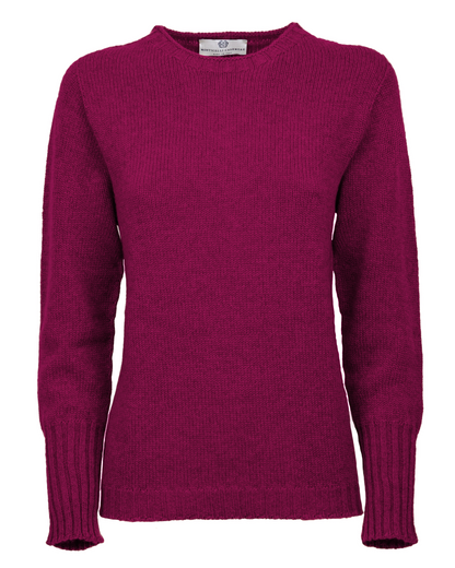 Magenta cashmere crewneck sweater with ribbed trim, shown from the front.