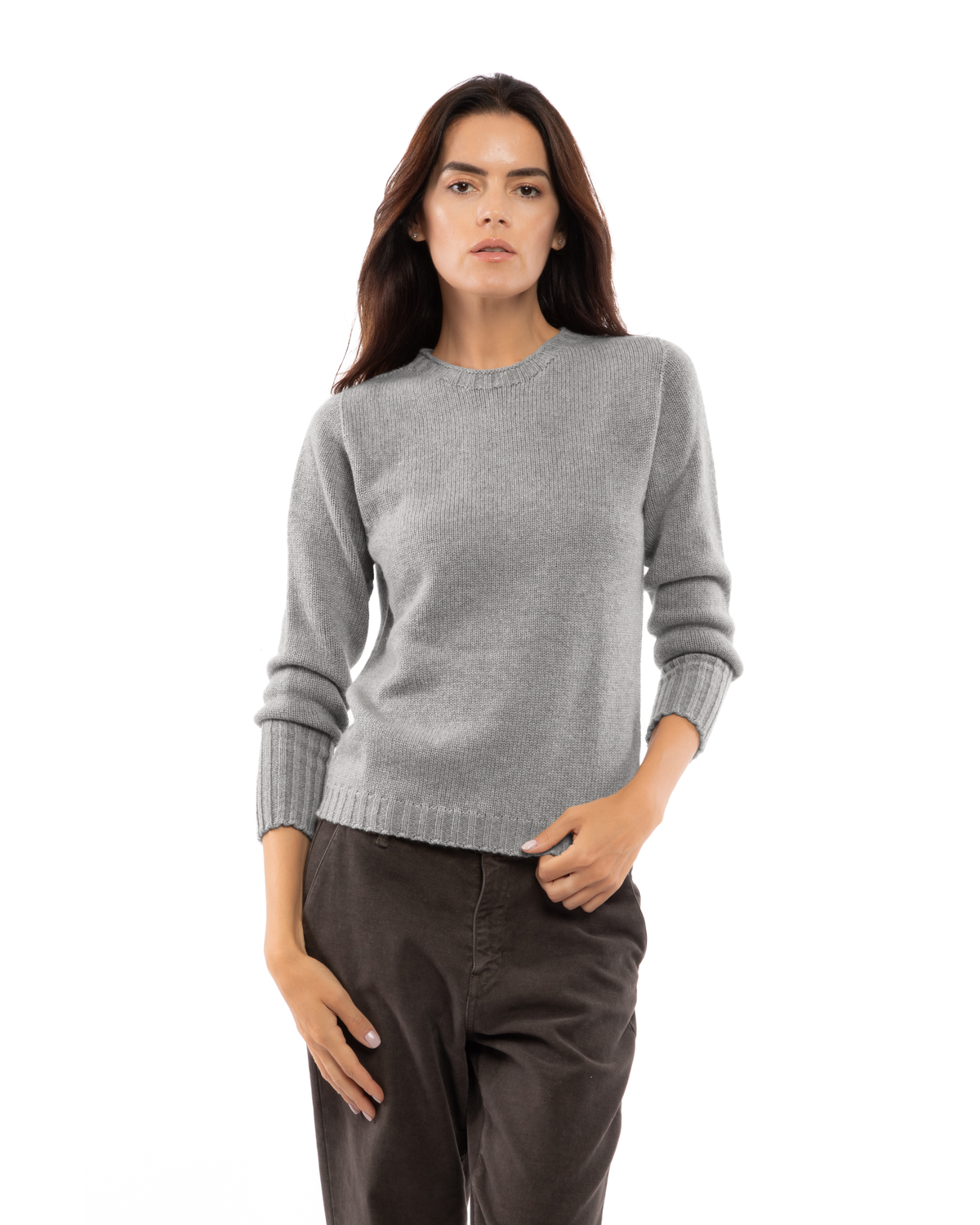 Model wearing a cashmere ribbed-trim crewneck sweater in melange gray, front view