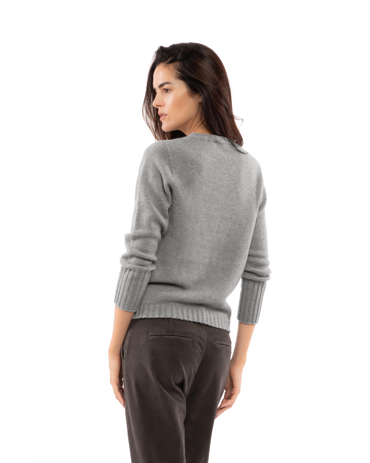 Melange gray cashmere ribbed-trim crew-neck sweater, back view on a model