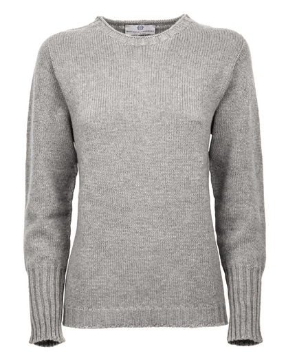 Cashmere ribbed-trim crewneck sweater in melange gray, front view