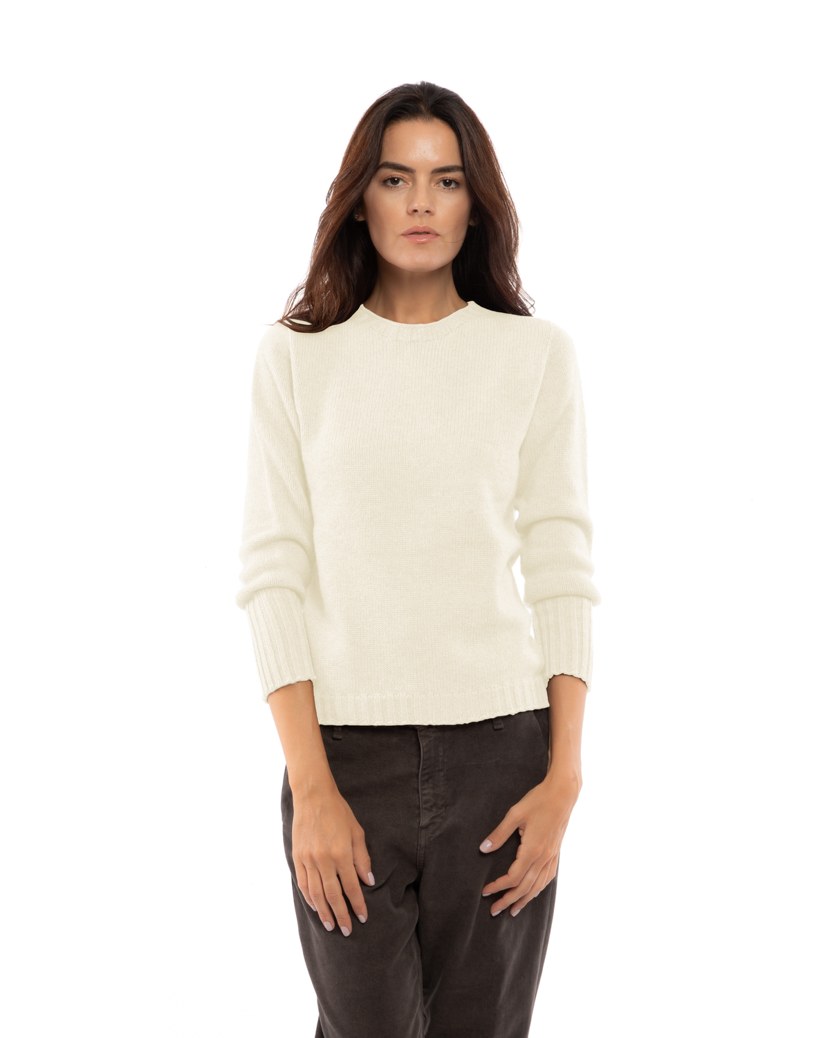 Milk white cashmere ribbed-trim crewneck sweater, front view on a model.