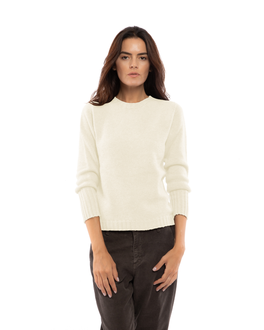 Milk white cashmere ribbed-trim crewneck sweater, front view on a model.