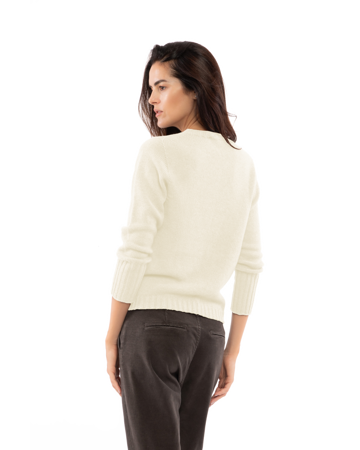 Back view of the milk white cashmere crewneck sweater with ribbed trim