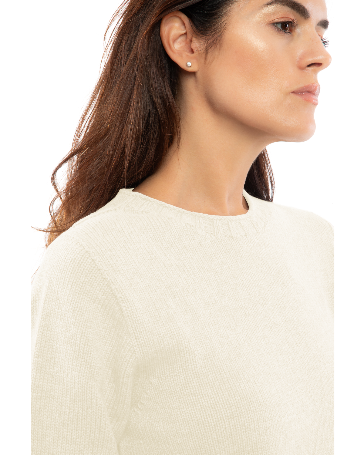 Close-up of the neckline and knit texture of the milk white cashmere ribbed-trim crew-neck sweater
