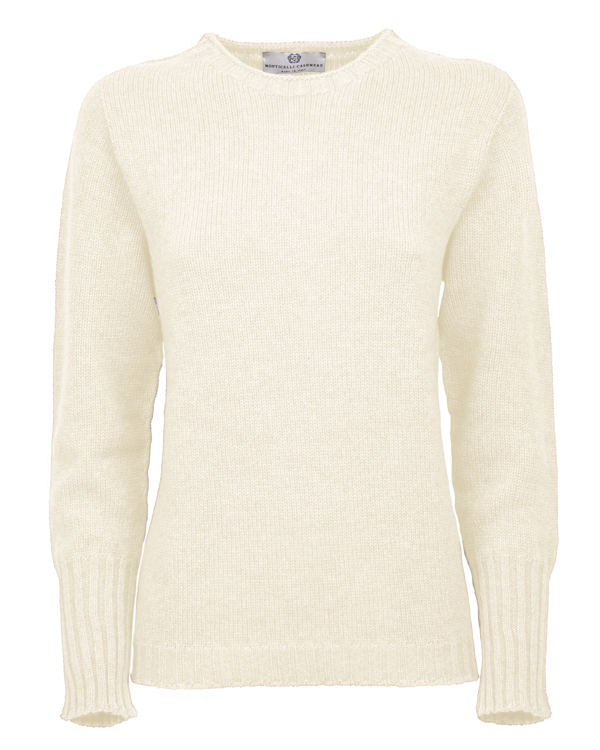 Milk white cashmere ribbed-trim crewneck sweater, front view.