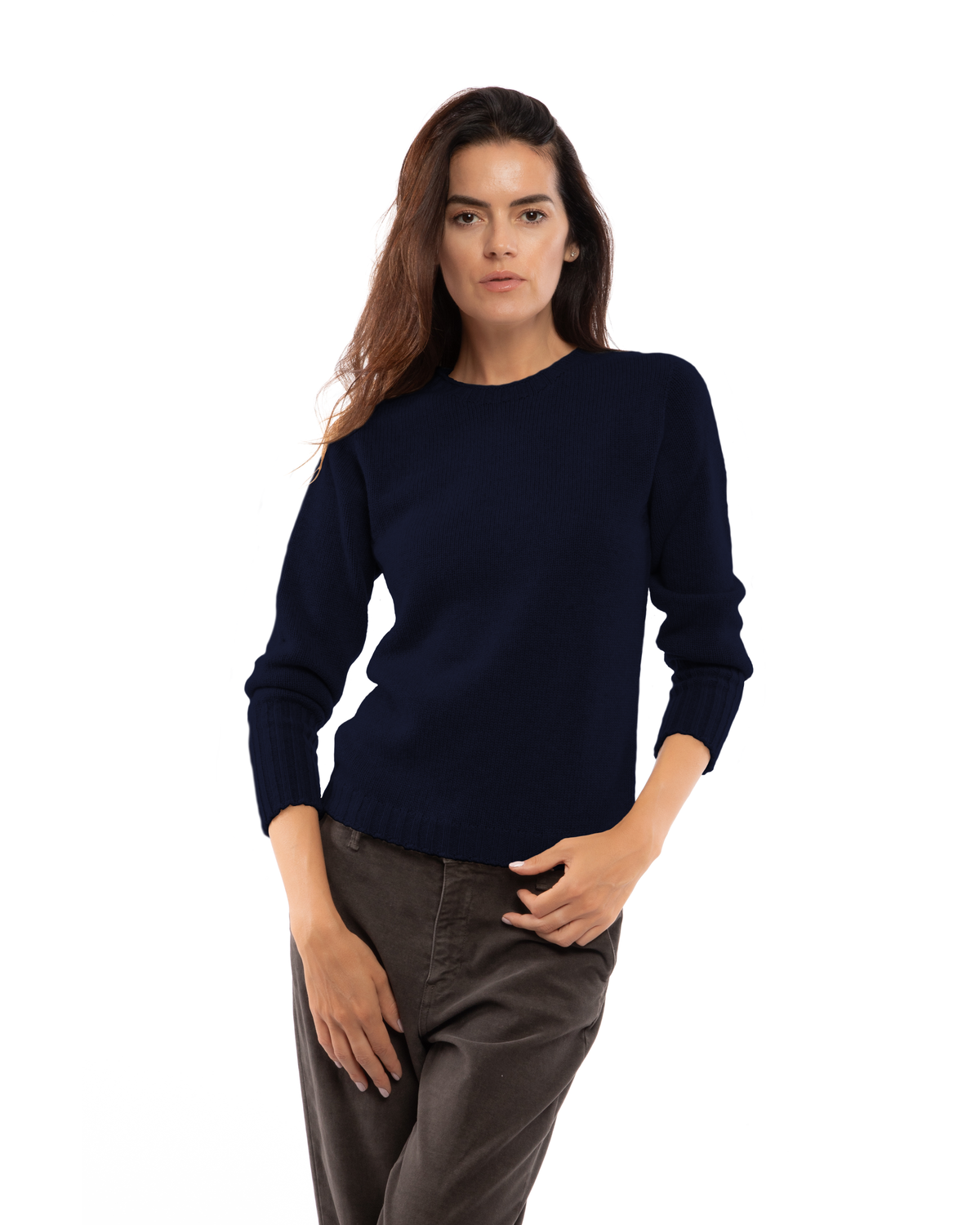 Women's Pure Cashmere Ribbed-Trim Crewneck Sweater Night Blue — view 1