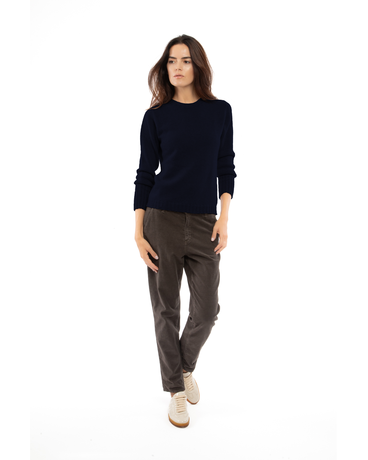 Women's Pure Cashmere Ribbed-Trim Crewneck Sweater Night Blue — view 2