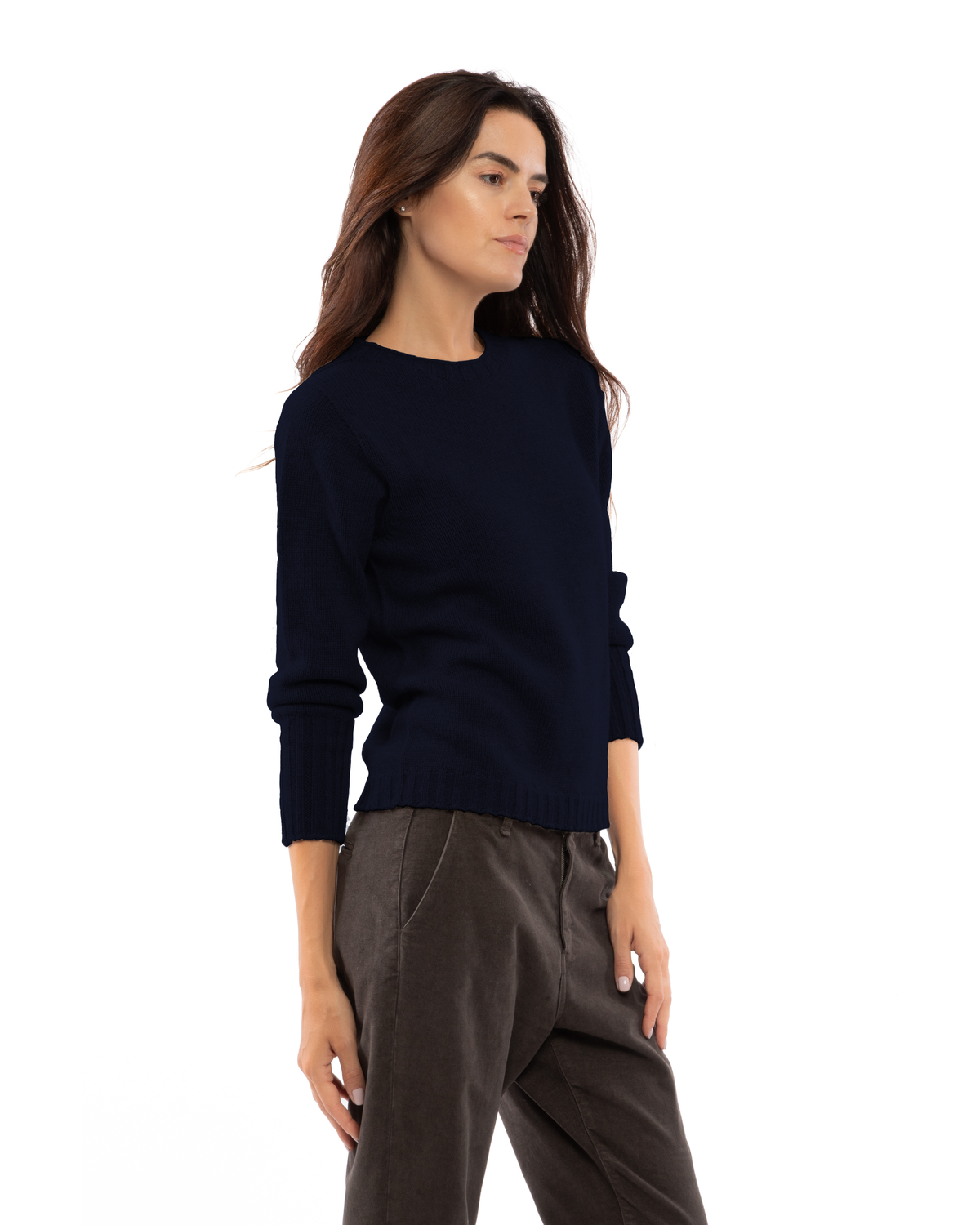 Women's Pure Cashmere Ribbed-Trim Crewneck Sweater Night Blue — view 3