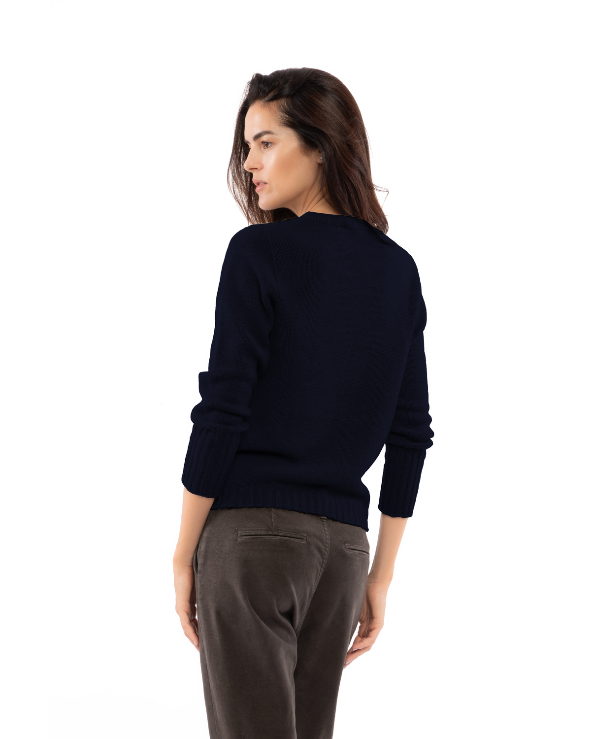 Women's Pure Cashmere Ribbed-Trim Crewneck Sweater Night Blue — view 4