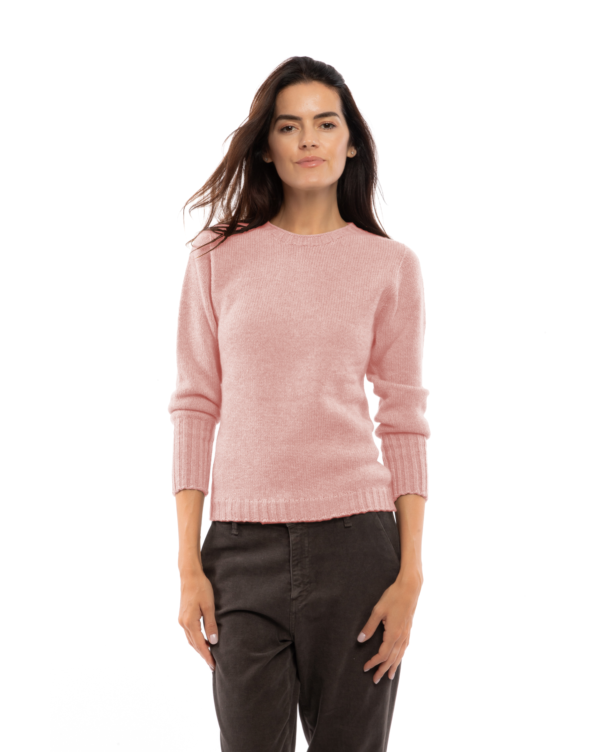 Women's Pure Cashmere Ribbed-Trim Crewneck Sweater Old Rose — view 1