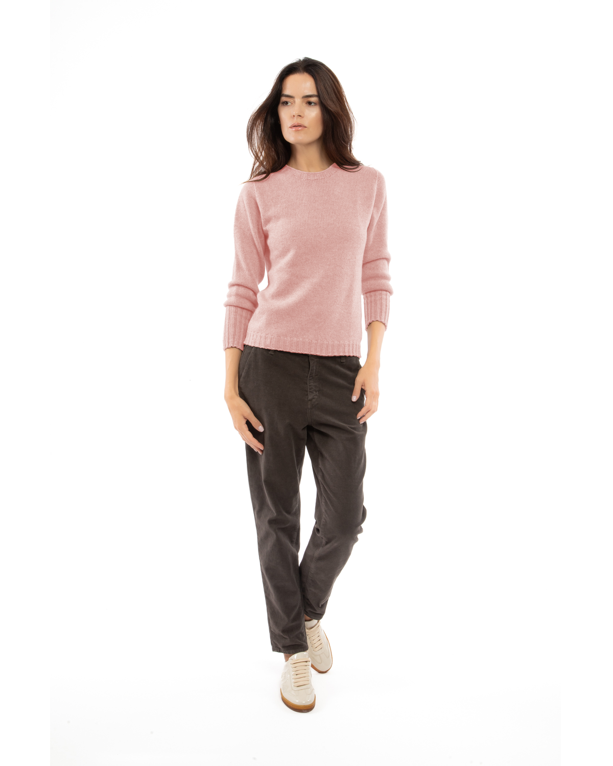 Women's Pure Cashmere Ribbed-Trim Crewneck Sweater Old Rose — view 2