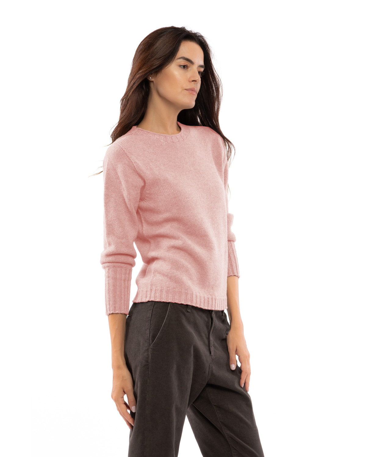 Women's Pure Cashmere Ribbed-Trim Crewneck Sweater Old Rose — view 3