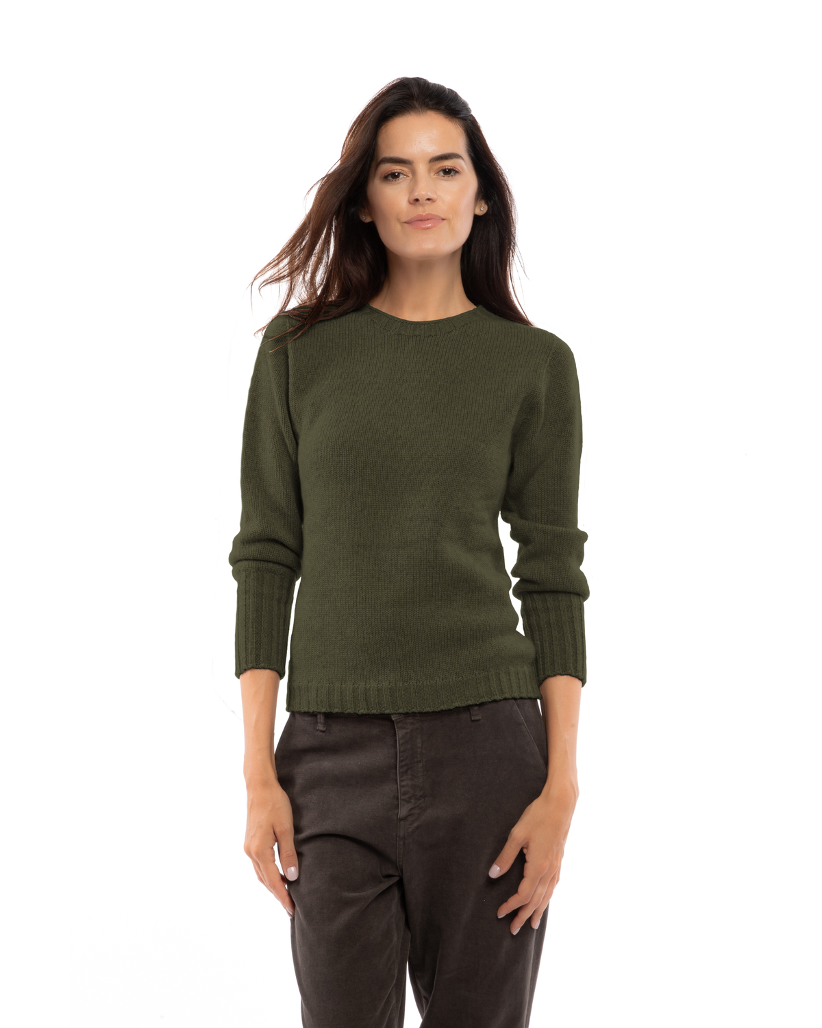 Women's Pure Cashmere Ribbed-Trim Crewneck Sweater Olive Green — view 1