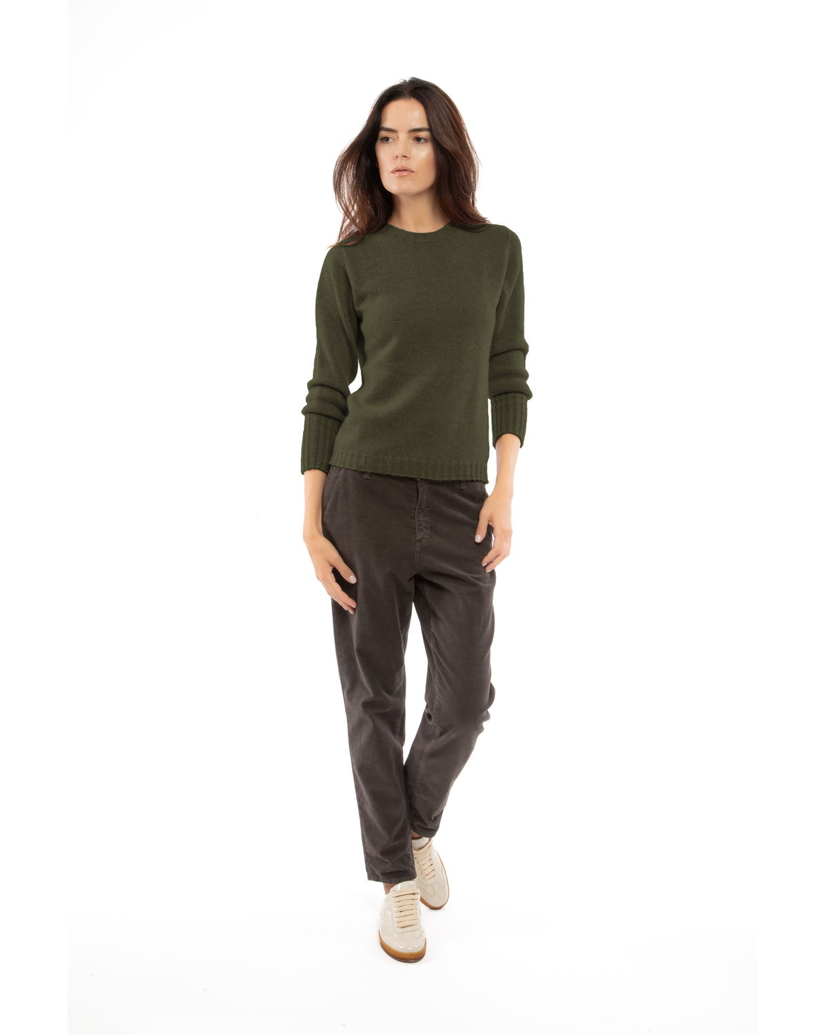 Women's Pure Cashmere Ribbed-Trim Crewneck Sweater Olive Green — view 2