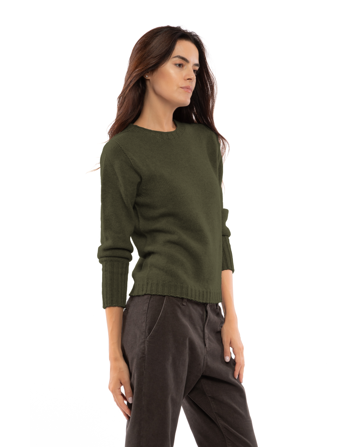 Women's Pure Cashmere Ribbed-Trim Crewneck Sweater Olive Green — view 3
