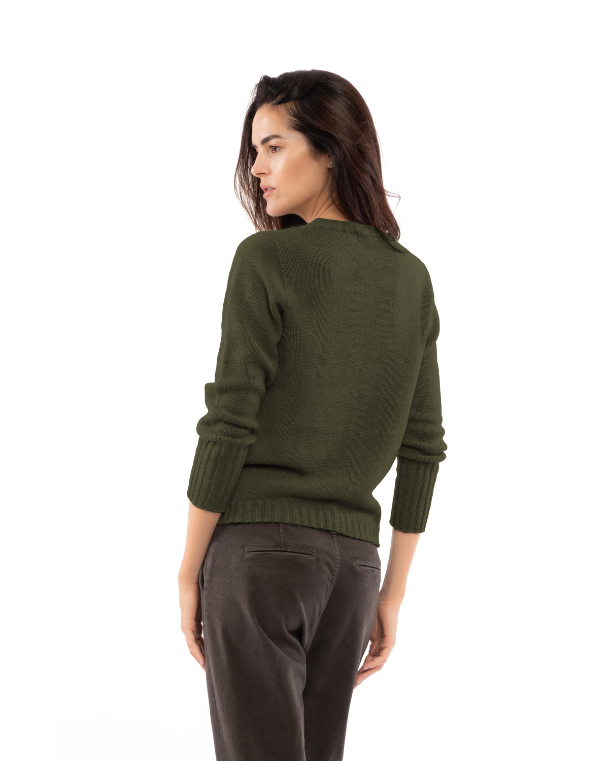 Women's Pure Cashmere Ribbed-Trim Crewneck Sweater Olive Green — view 4