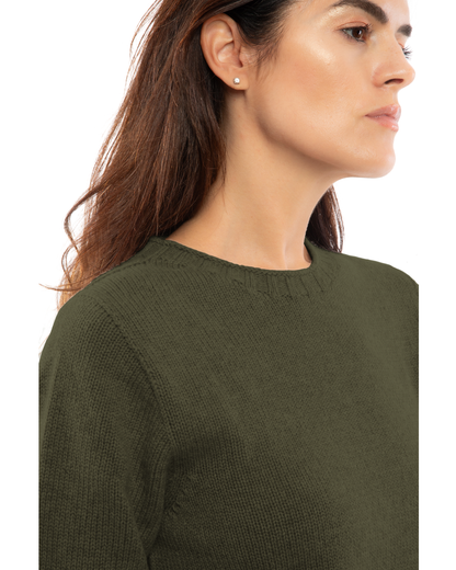 Women's Pure Cashmere Ribbed-Trim Crewneck Sweater Olive Green — view 5