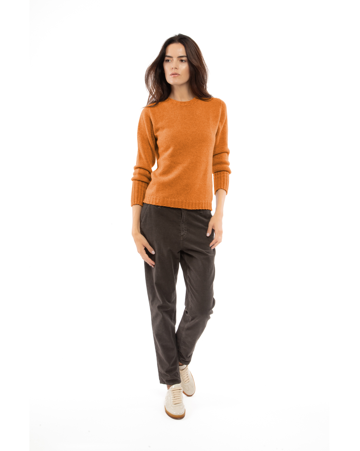 Women's Pure Cashmere Ribbed-Trim Crewneck Sweater Saffron — view 2