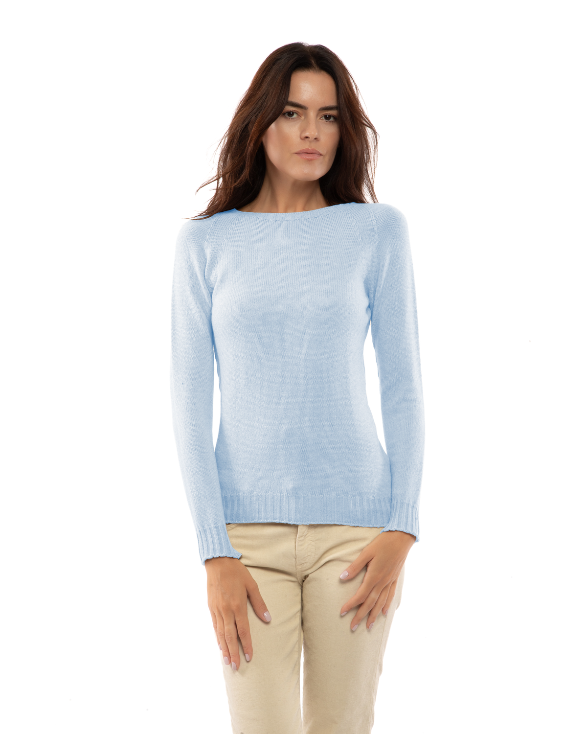 Baby blue cashmere raglan crewneck sweater, shown from the front on a model.