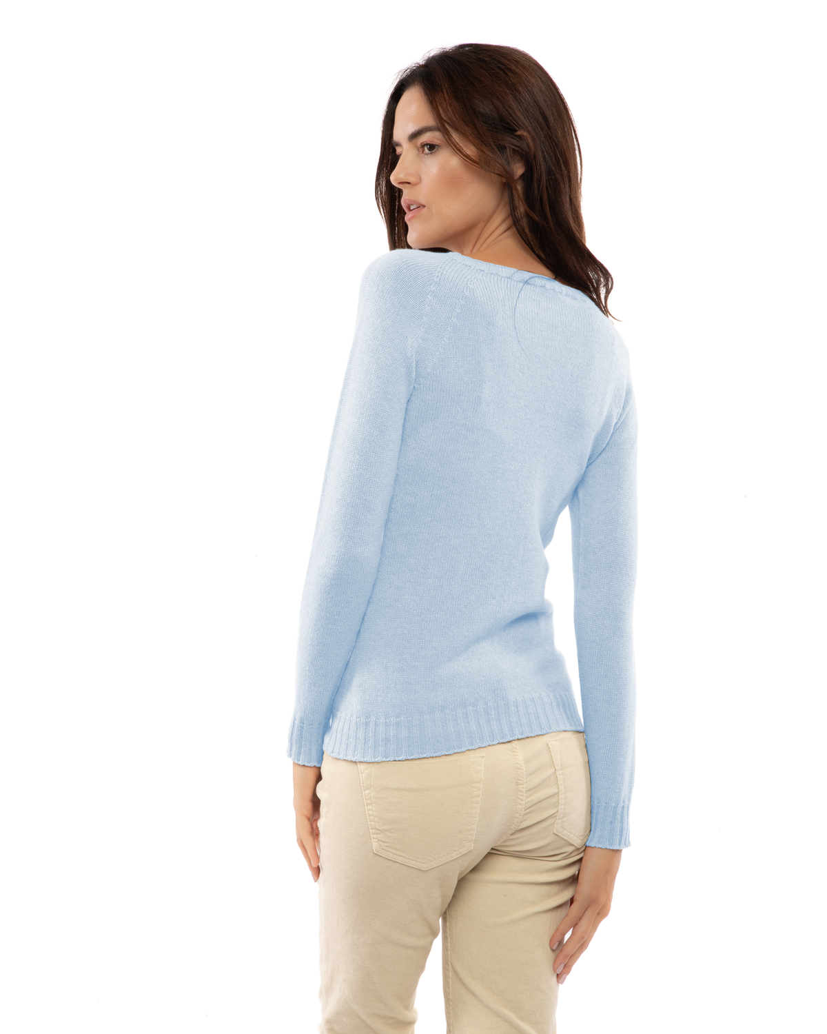 Baby blue cashmere raglan crewneck sweater, back view on a model.