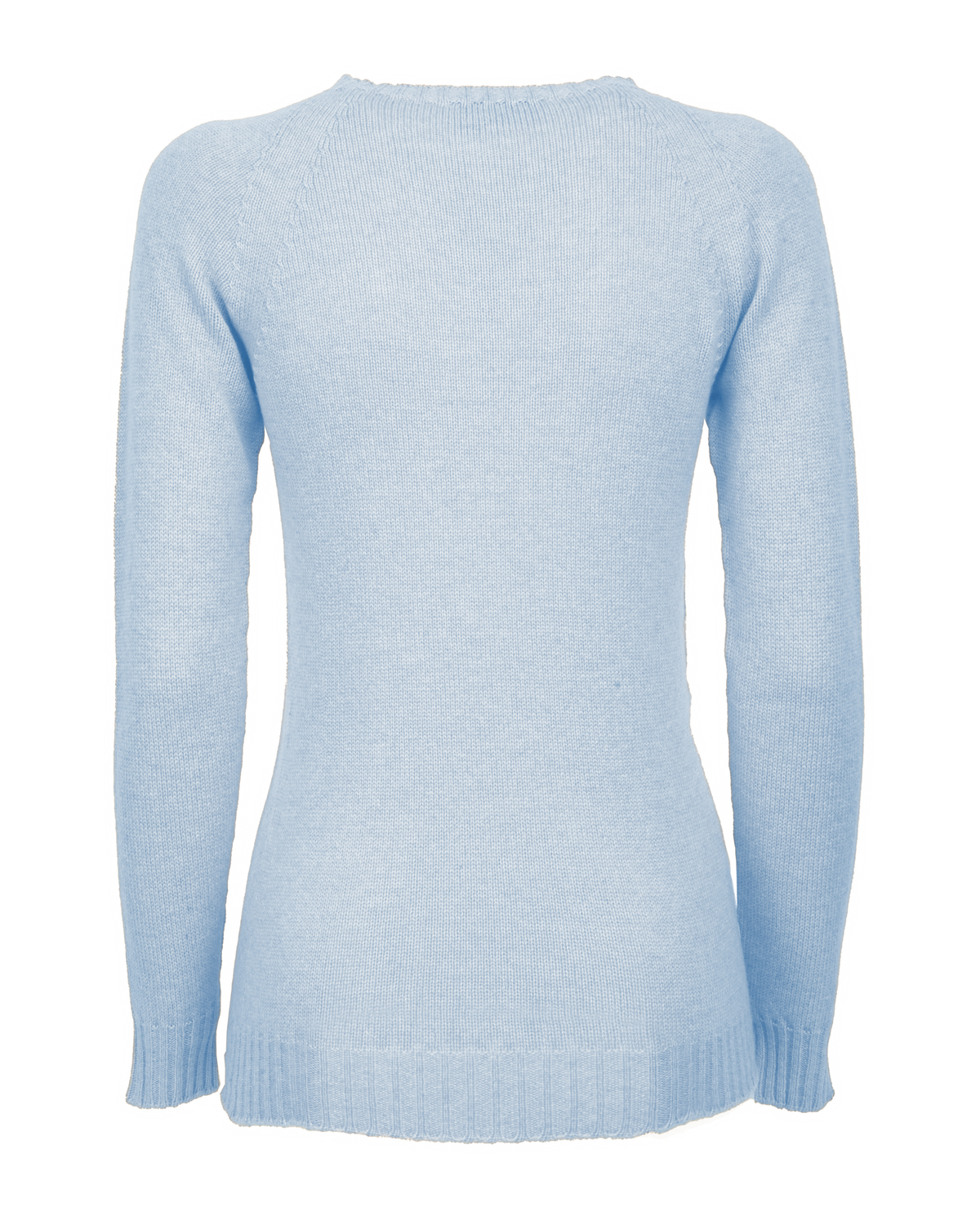 Back view of the baby blue cashmere raglan crewneck sweater