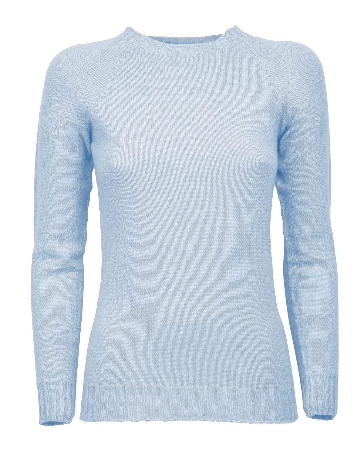Baby blue cashmere raglan crewneck sweater, shown from the front.