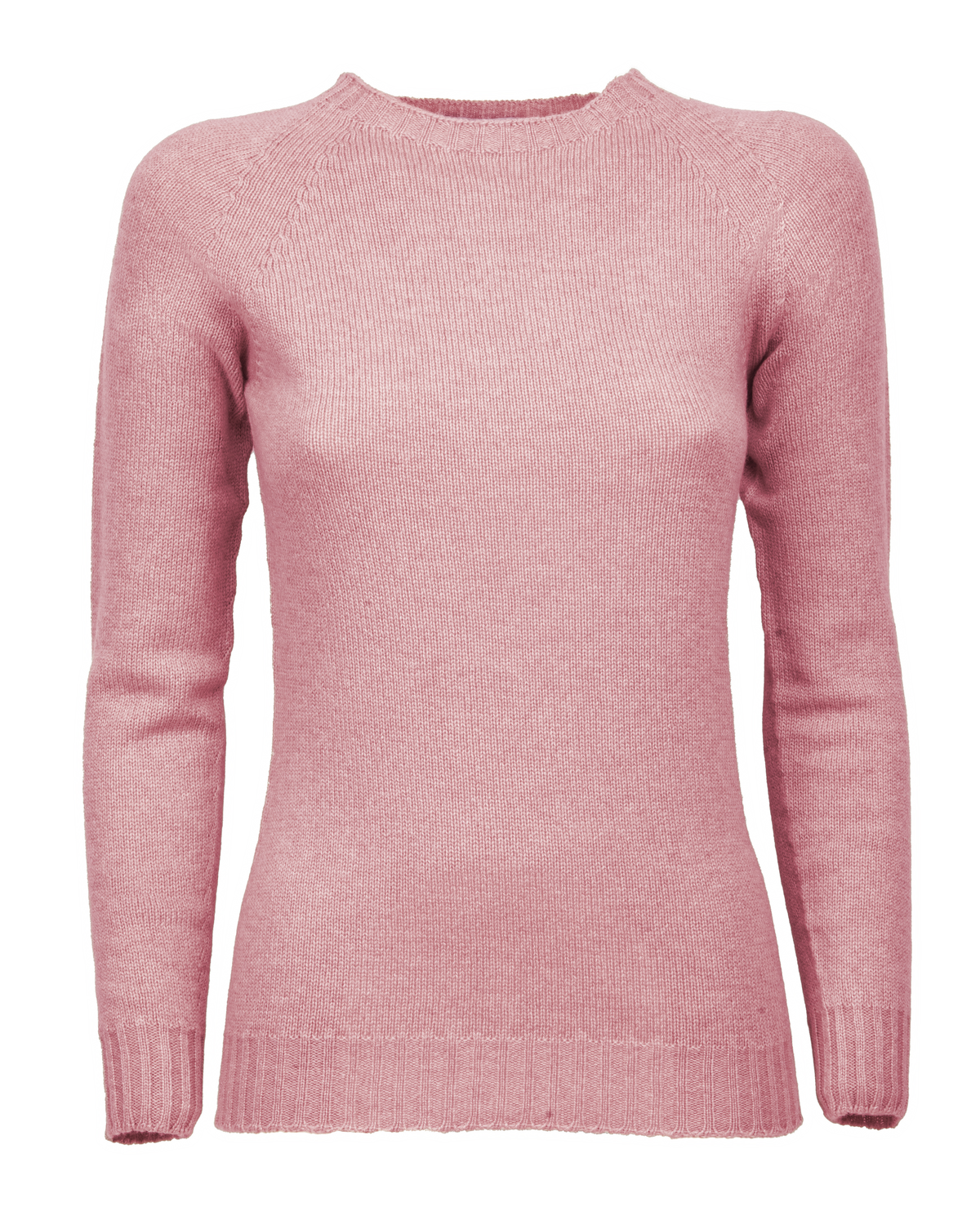 Baby pink cashmere raglan crew-neck, front view laid flat