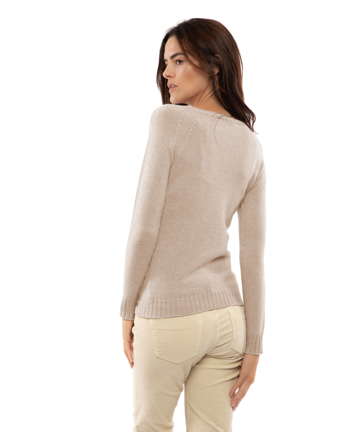Beige cashmere raglan crewneck sweater, back view on a model.