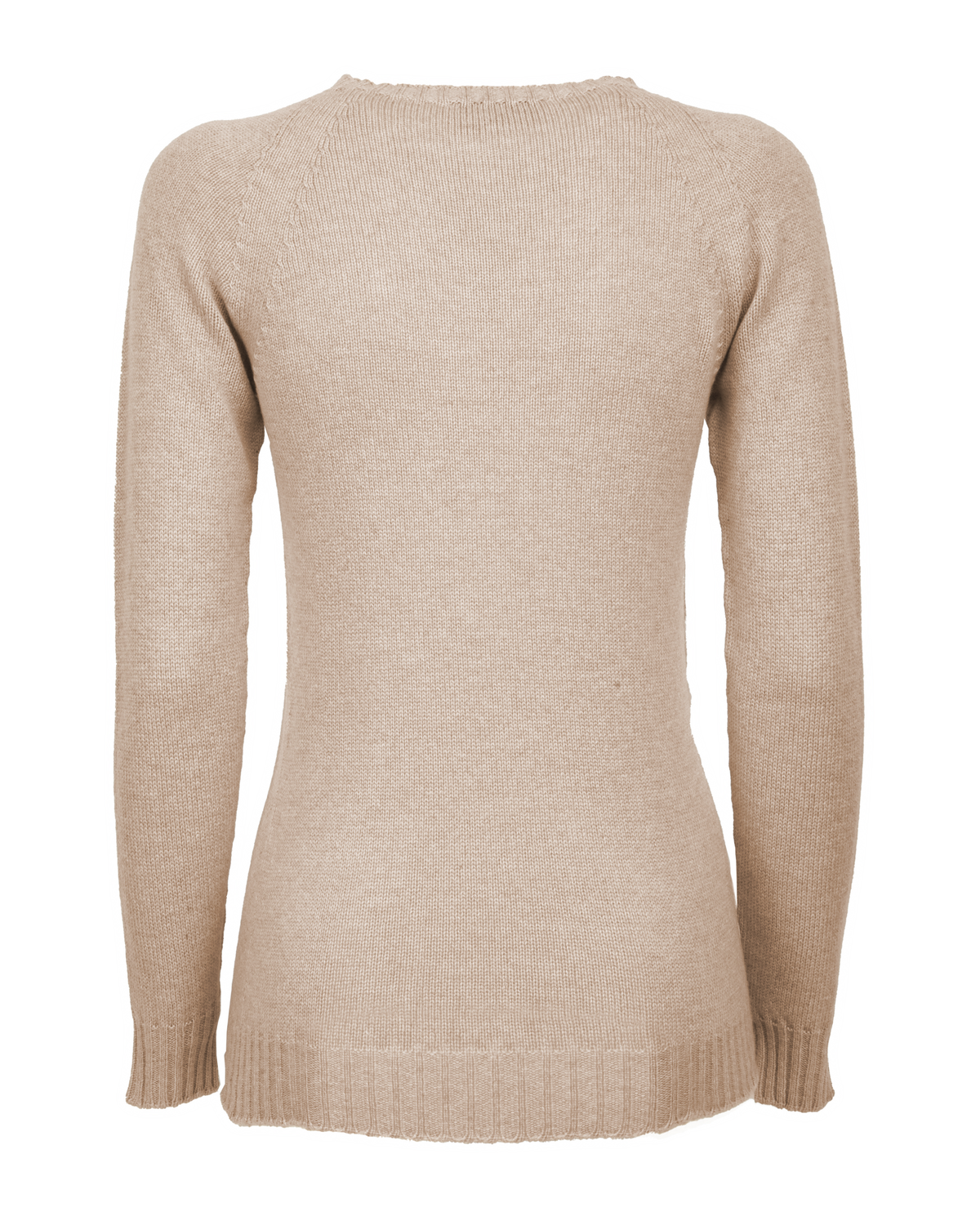 Beige cashmere raglan crewneck sweater displayed from the back