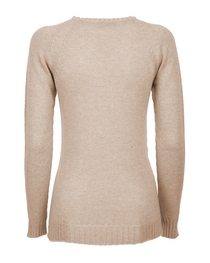 Beige cashmere raglan crewneck sweater displayed from the back