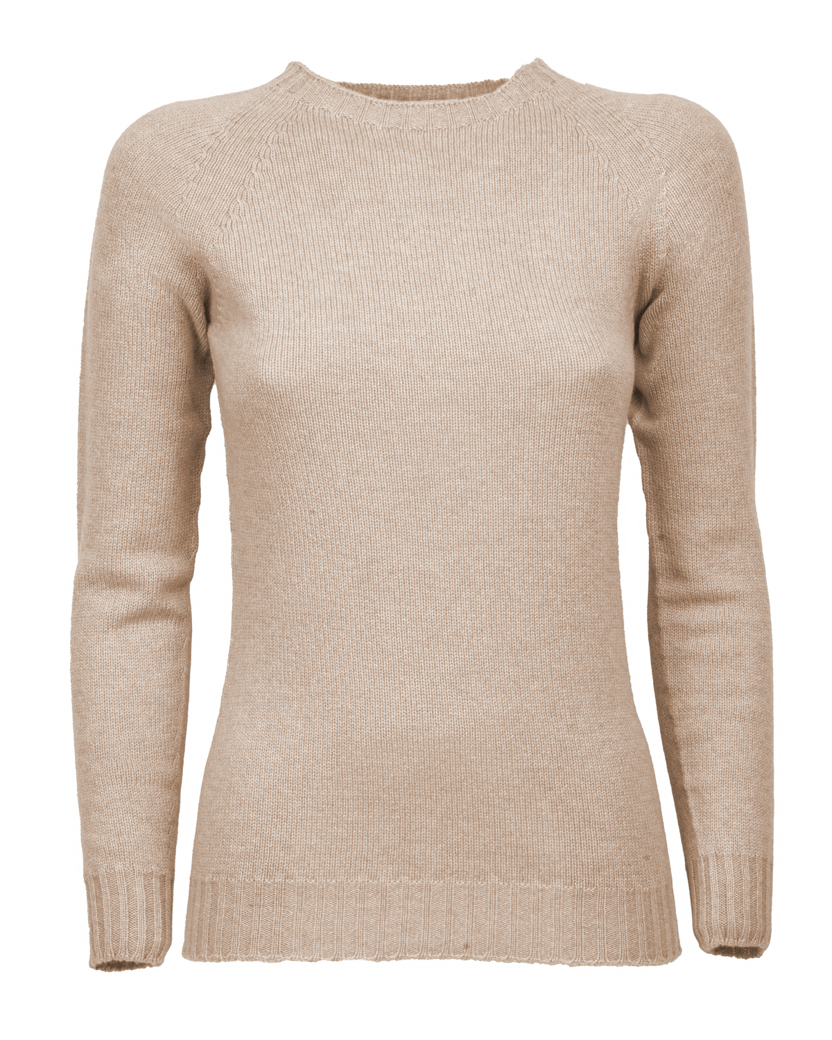 Beige cashmere raglan crewneck sweater, shown from the front.