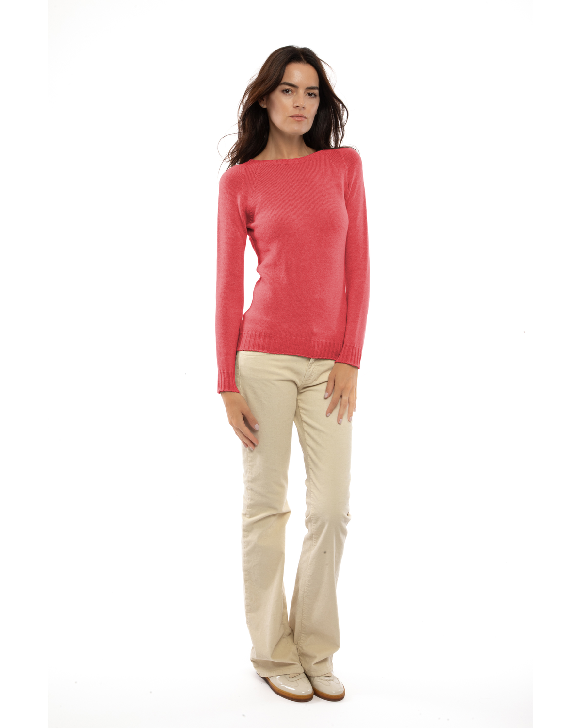 Women's Pure Cashmere Raglan Crewneck Coral Red — view 2
