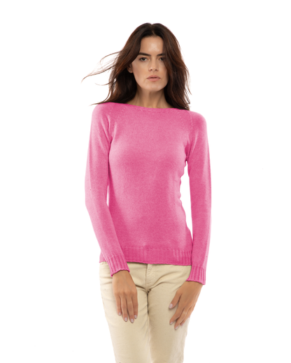 Fuchsia cashmere raglan crewneck sweater, shown from the front on a model.