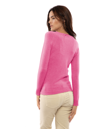 Fuchsia cashmere raglan crewneck sweater, back view on a model.